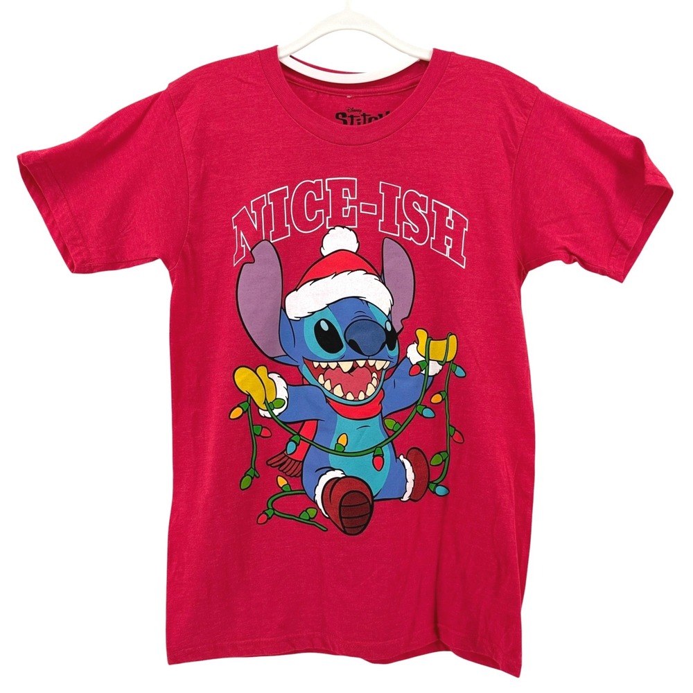 Disney Stitch Adult Small Red Nice-ish Christmas Graphic T-Shirt Holiday Unisex
